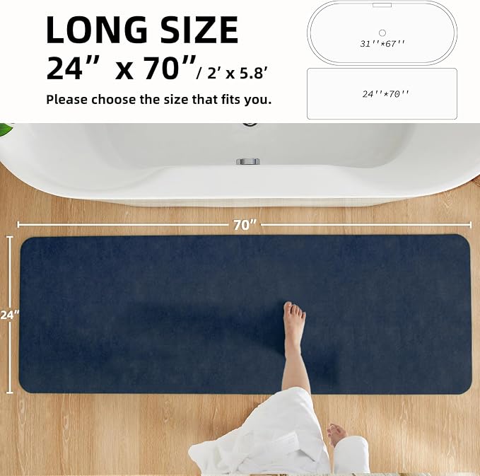 TYUU Bathroom Mat Quick Dry, Bathroom Rugs Non Slip Washable Thin Absorbent Bath Mat Fits Under Door Bathroom Floor Mat Perfect for Bath, Shower, or Sink 24"x70" Navy Blue