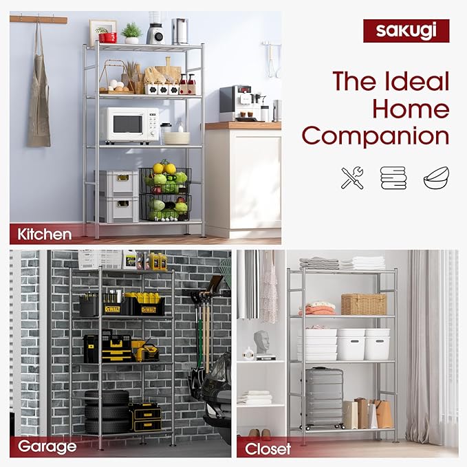 Sakugi Storage Shelves - 4 Tier Shelf Organizer, Heavy Duty Garage Shelving Unit with Leveling Feet, Stable Metal Shelves Organizer for Pantry, Kitchen and Closet, 33.0" W x 12.6" D x 57.2" H, Silver