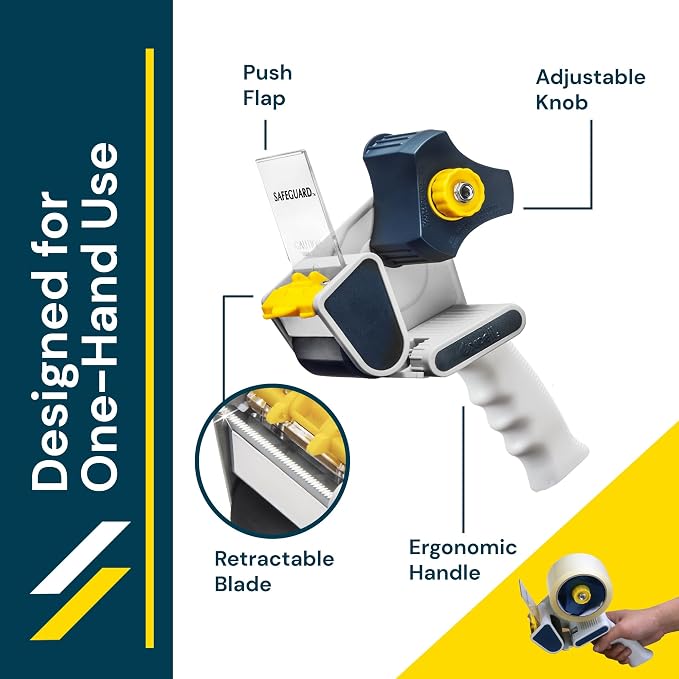 Excell EC-206 Safeguard Packing Tape Dispenser, 2" Wide, 3" Core, 2 Pack | Retractable Blade Cover for Safety, one-Hand use. Ideal for Shipping and Carton Sealing - Includes Tape Roll