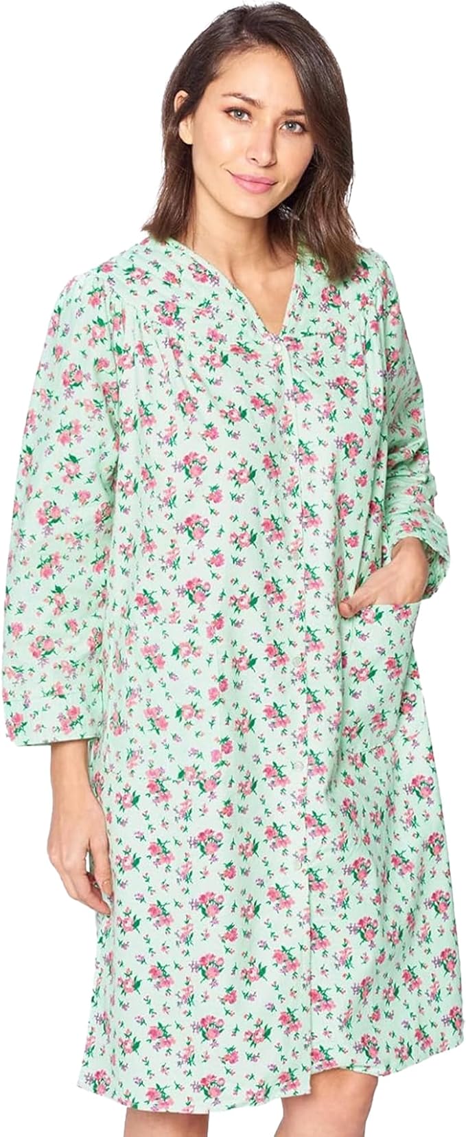 Casual Nights Women's Floral Snap Front Flannel Duster Long Sleeve Lounger Dress