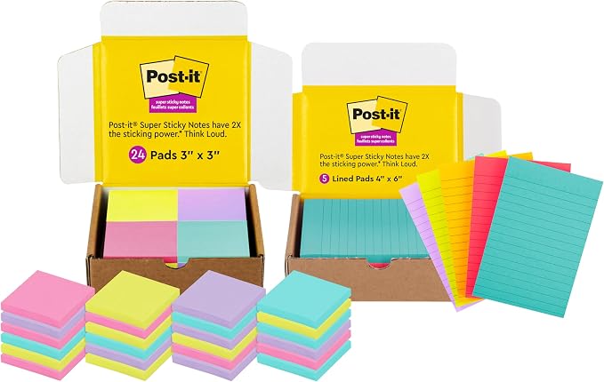 Post-it Super Sticky Notes, 4x6 in, 5 Pads/Pack, 90 Sheets/Pad & Super Sticky Notes, 3x3 in, 24 Pads/Pack, 70 Sheets/Pad, Amazon Exclusive Bright Color Collection