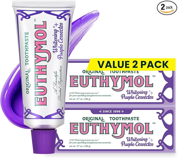 EUTHYMOL Purple Whitening Toothpaste, Instant Tone-up | 3.7 floz*2 (2 Pack) | Whitening Toothpaste for Yellow & Sensitive Teeth, Violet ToneUp, 24H Stain Defense, Long-Lasting Fresh Breath, Aluminum tube