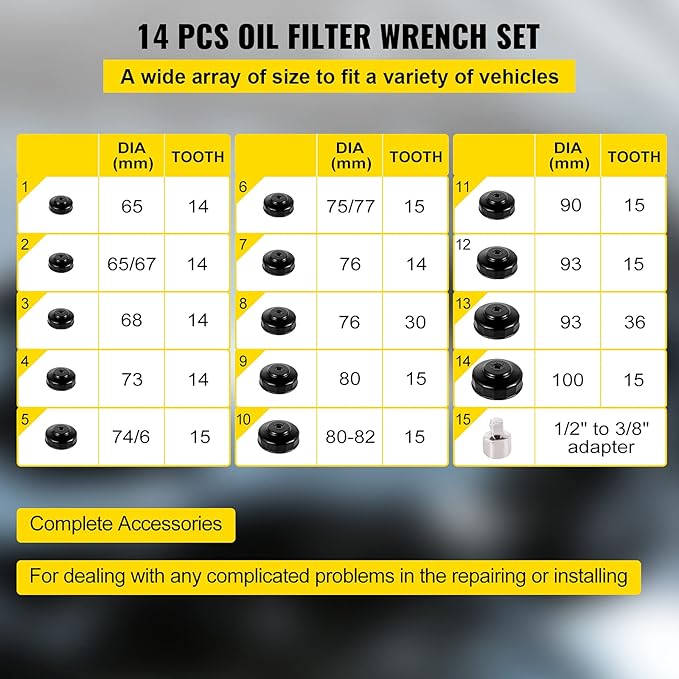 VEVOR Oil Filter Socket Set, 14 Pcs Oil Filter Wrench Set, Sturdy Steel Oil Filter Socket, 3/8" Oil Filter Socket, Low Profile Oil Filter Socket Set For Easy Access, Oil Filter Wrench Cap Set w/Case