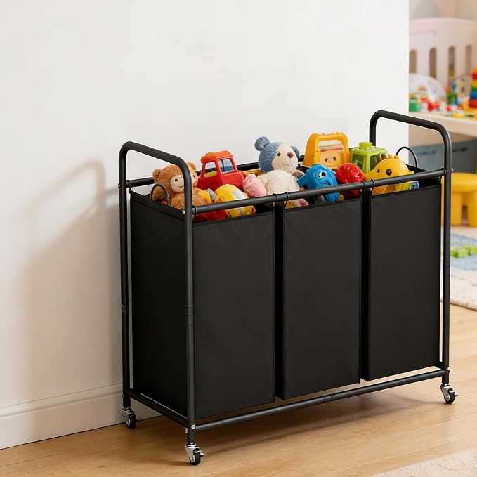 LINZINAR 3 Section Laundry Hamper, Black Laundry Basket 135L Laundry Sorter | Laundry Room Organization with Heavy Duty Rolling Lockable Wheels and Removable Bag, Bedroom Laundry Cart for Clothes Storage