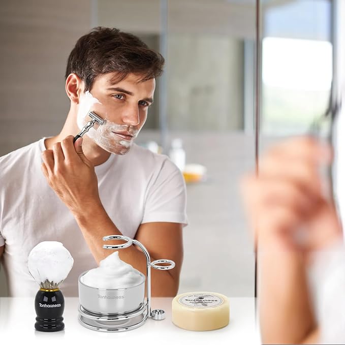 5 In 1 Manual Shaving Kit For Men Includes Badger Hair Shaving Brushes Set, Double Edge Safety Razor, Stainless Steel Shaving Bowl&Stand and Goat Milk Shaving Soap