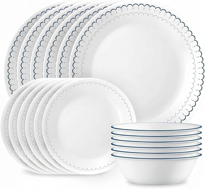 Corelle 18-Piece Dinnerware Set Service for 6, Lightweight Round Plates and Bowls Set, Vitrelle Triple Layer Glass, Chip Resistant, Microwave and Dishwasher Safe, Caspian