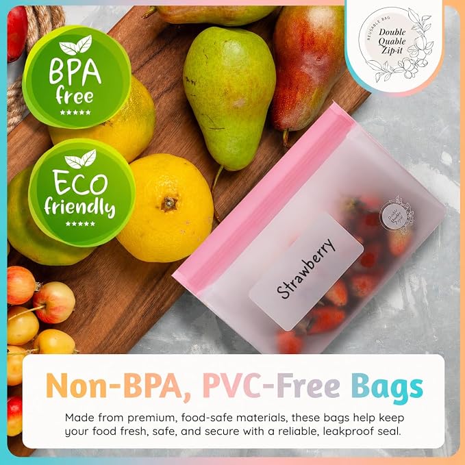 Reusable Food Storage Bags – 10-Pack Stand-Up, BPA-Free, Freezer, Dishwasher Safe, & Eco-Friendly– 5 L, 5 M Bags – Airtight Leakproof Sandwich, Snack, Travel & Make-Up baggies (Multicolor)