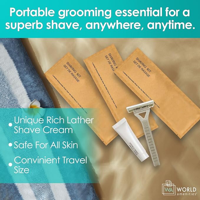 World Amenities Kraft Paper Shave Kit - Wheat Straw Dual Blade Safety Razor and Shave Cream Set (25 Pack)