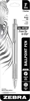 Zebra Pen F-701 Ballpoint Black Ink Fine Point 0.8mm Pen, Heavy Duty, Durable Stainless Steel Barrel, Knurled Grip, Silent Retractable Plunger, Ideal for Tactical Use, 1-Pack (29411)