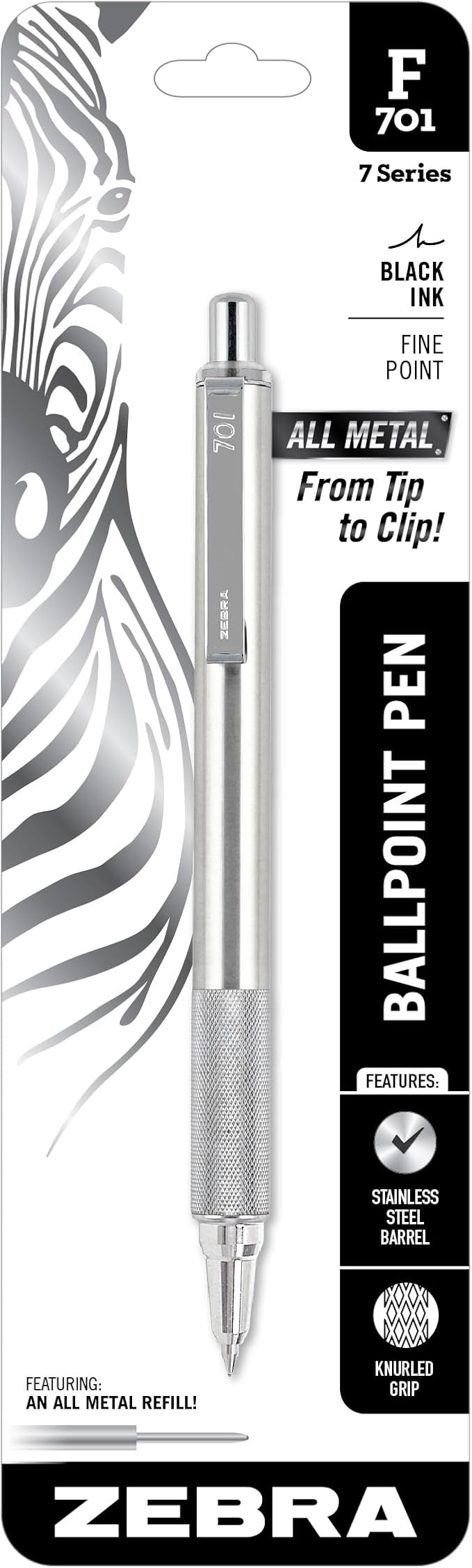 Zebra Pen F-701 Ballpoint Black Ink Fine Point 0.8mm Pen, Heavy Duty, Durable Stainless Steel Barrel, Knurled Grip, Silent Retractable Plunger, Ideal for Tactical Use, 1-Pack (29411)