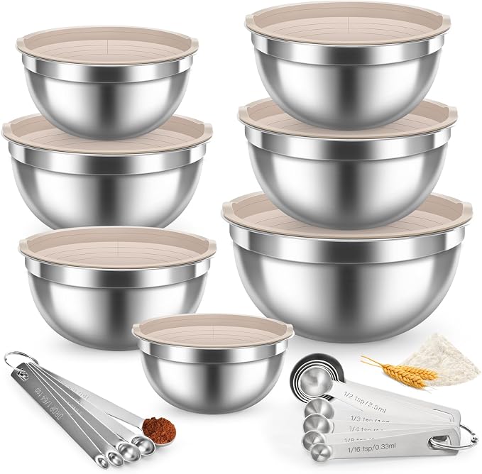 21PCS Mixing Bowls with Lids Set, 7 Mixing Bowls & 14 Measuring Spoons, Stainless Steel Nesting Bowls for Baking & Cooking Prepping Space Saving Storage, Kitchen Essentials, 0.6-5.5QT