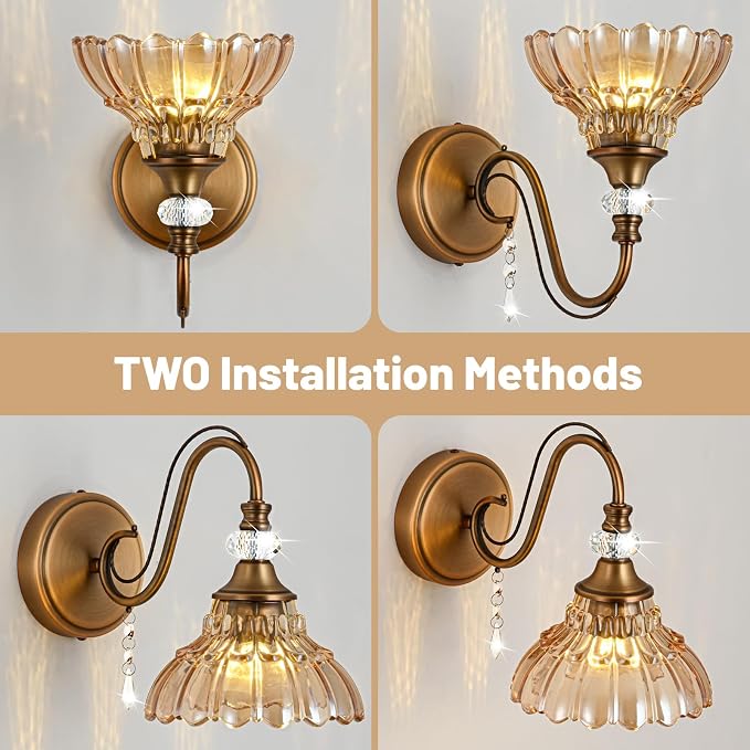 1 Piece Vintage Wall Sconce, 1-Light Matte Antique Brass Finish Wall Sconce with Hanging Crystal Accents and Flower-Shaped Amber Shades for Bathroom Bedroom Living Room,Vintage Vanity Light