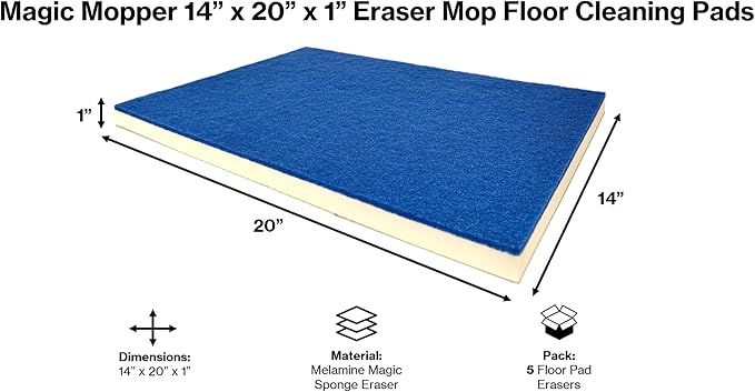 Eraser Mop Floor Cleaning Pads – 14″ x 20″ (5 Pack) | Commercial-Grade Melamine Sponge Mop Pads for Floors, Tile & Grout | Durable, Versatile for Deep Cleaning