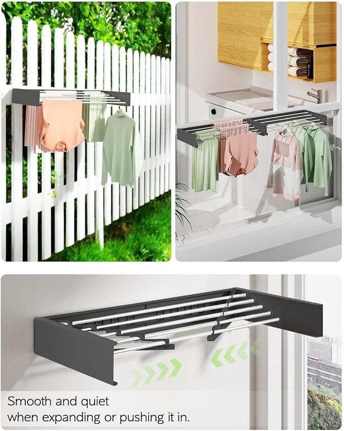 Vikaqi Wall Mounted Clothes Drying Rack 32", Foldable Wall Mount Laundry Rack Folding Indoor, Drying Rack Clothing Collapsible, Hidden Space Saver with Wall Template, 5 Rods, Black