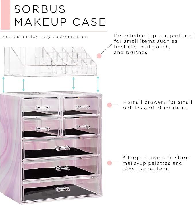 Sorbus Acrylic Makeup Organizer Set, 7-Drawer Vanity & Countertop Cosmetic Storage with Small & Wide Compartments, Tie Dye Makeup Storage for Brushes, Jewelry – Holiday Gift for Women & Teens