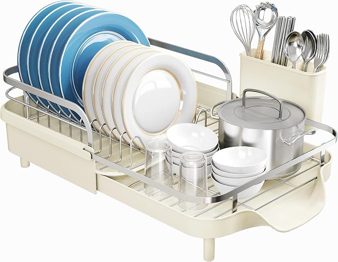 SNTD Dish Drying Rack, Expandable Dish Rack for Kitchen Counter, Stainless Steel Dish Drainer with Drainboard Set and Utensil Holder (Beige)
