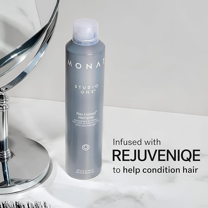 MONAT Studio One™ Flex Control Hairspray – Light to Medium Buildable Hold – Infused with REJUVENIQE® – Can be Used on Colored Hair – Fresh Smelling Scent – Style Memory for Humid Weather