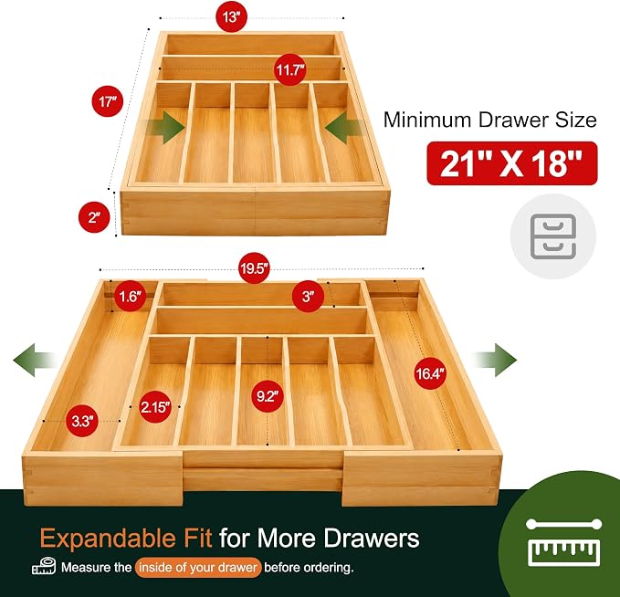 Large Premium Bamboo Silverware Organizer - Expandable Drawer Organizer & Utensil Organizer - 17"x19.7" Cutlery Tray with Dividers for Kitchen Utensils and Flatware (7-9 Slots) (Natural)