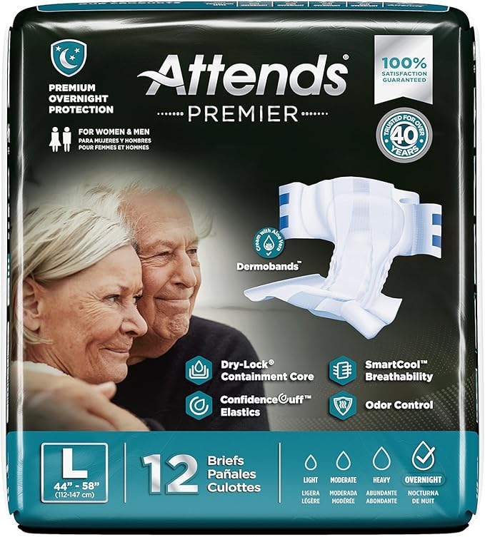 Attends Premier Adult Disposable SmartCool® Briefs, Large, 44-58" High-Rise Waist Tab Closure, Premium Overnight Dry-Lock Protection, Odor Control, 48ct Case