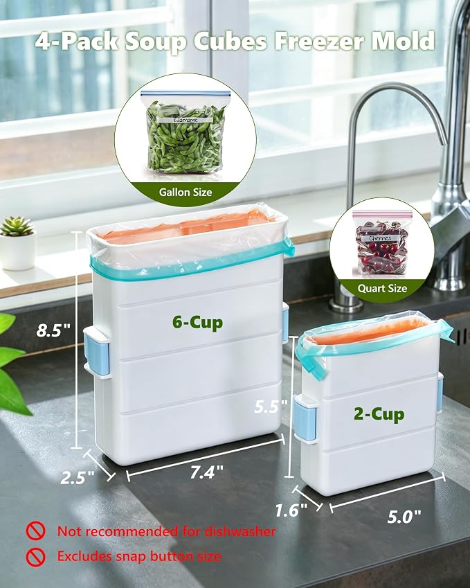 iCASA 4-Pack Soup Cubes Freezer Molds for Food Storage Bags 2 Cup + 6 Cup | Large + Small Meal Prep Bag Container, Freeze Soups, Sauces, Leftovers & Bone Broth, For Gallon Quart Food Storage Bags