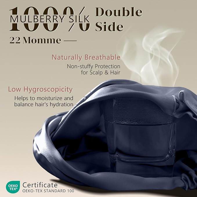 ZIMASILK 100% 22 Momme Mulberry Silk Bonnet for Sleeping Women, Breathable Silk Hair Wrap for Premium Hair Protection - Reducing Friction (1Pc, Navy)