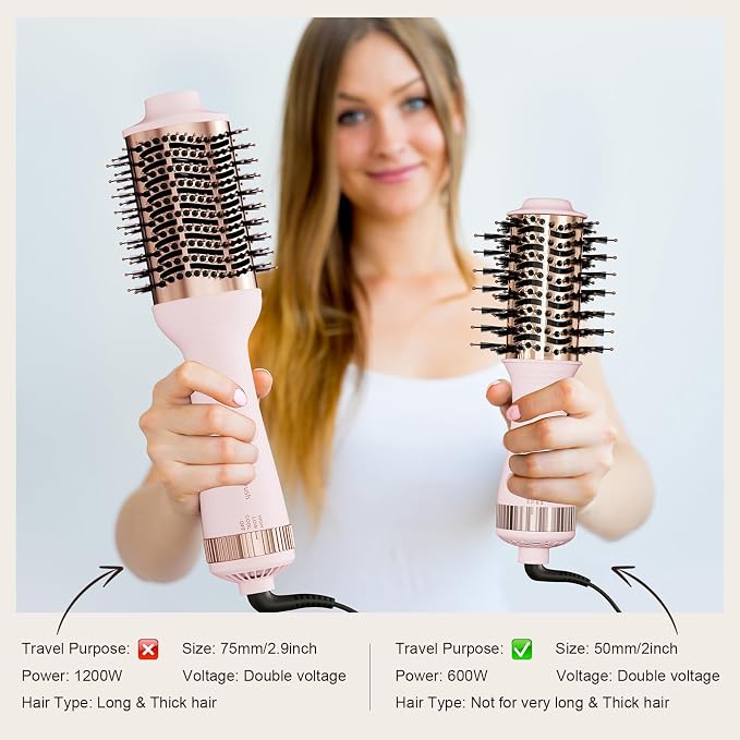 Big Size 1200W Dual Voltage Hot Air Brush Dryer, 120-240V 4 in 1 Ionic Blowout Hair Dryer Brush & Styler Volumizer with 75MM Oval Titanium Barrel for Long & Thick Hair