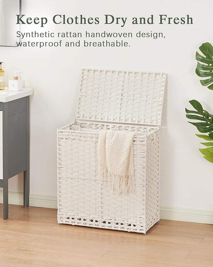 SETVSON Laundry Hamper with Lid Wicker Laundry Basket, White | Decorative Furniture Look for Bathroom & Bedroom, 3-Section Large Wicker Hamper, 3 Cloth Bags, 6 Mesh Bags Included