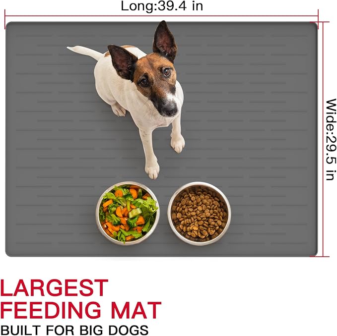 39.4"x29.5" Large Pet Food Mat, Silicone Dog Mats for Food and Water, Nonslip Pet Feeding Mats for Floors,Dog Cat Bowl Mat with Raised Edges, Dark Green