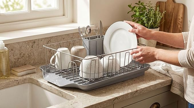 Farberware Classic 3-Piece Dish Drying Rack Set, Gray - Rust-Resistant Dish Rack for Kitchen Counter with Self-Draining Board and Flatware Caddy