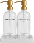 Luxury Glass Soap Dispenser Bathroom Set by Brighter Barns - Refillable Liquid Hand Soap and Lotion Dispenser Set with Tray and Pump - Gold Bathroom Decor for Guest House, Modern Airbnb (Clear/Gold)
