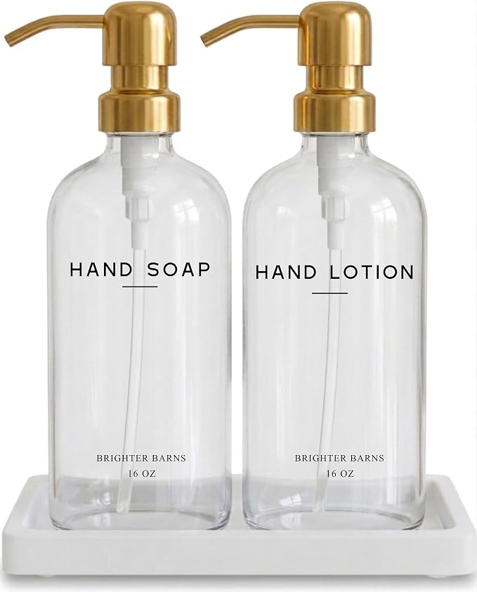 Luxury Glass Soap Dispenser Bathroom Set by Brighter Barns - Refillable Liquid Hand Soap and Lotion Dispenser Set with Tray and Pump - Gold Bathroom Decor for Guest House, Modern Airbnb (Clear/Gold)