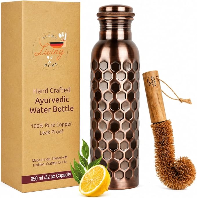 Copper Water Bottle 32 Oz Extra Large, Real Copper Drinking Bottle, Antique Honeycomb Ayurvedic Pure Bottle for Drinking Water, Leak Proof Lid with Cleaning Brush, Home Office Use