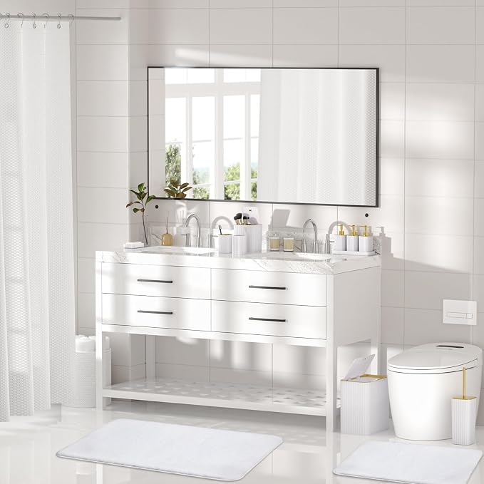 Bathroom Accessory Set - Bathroom Set, 27PC Bathroom Accessories Set, White Bathroom Sets with Shower Curtain and Rugs, Mini Trash Can, Toilet Brush, Trash Can & Soap Dispenser