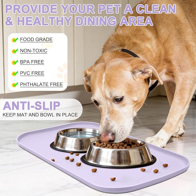 SMILOOL Waterproof Silicone Pet Food Mat with Raised Edge for Dog & Cat | 19" x 12" Non-Slip Pet Feeding Mats with Lip for Food & Water Bowl, Food Grade, Easy Cleaning, Light Purple