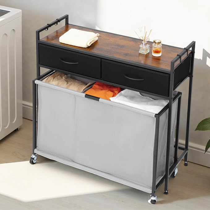 VEVOR 3 Section Laundry Sorter, Rolling Laundry Hamper with 2 Drawers, Hooks & Wheels, Rolling Basket Organizer Storage with Pull-Out Rolling Bags and Wooden Tabletop for Dirty Clothes, Bathroom