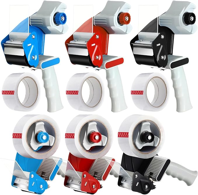 Dunzoom 6 Pack Packing Tape Dispenser Gun with 6 Roll 2 Inch Gun 2.7 Mil Heavy Duty Packaging Tape for Shipping, Moving, Carton and Box Sealing