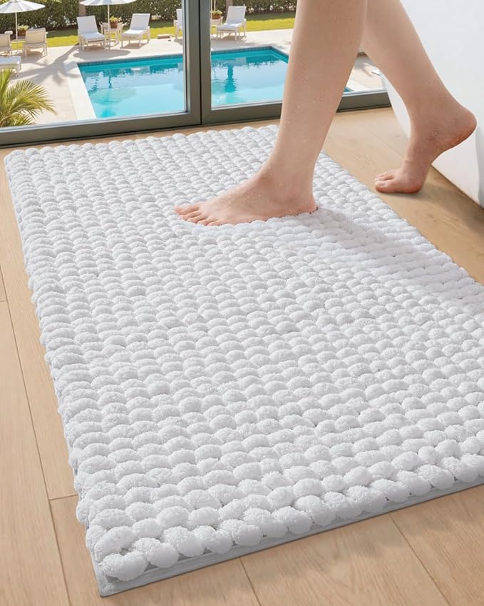 DEXI Bathroom Rugs 36x24, Non Slip Washable Bath Mat, Luxury Chenille Super Absorbent Ultra Thick Bathmats for Shower Floor, Plush Fluffy Shaggy Carpet for Tub, White