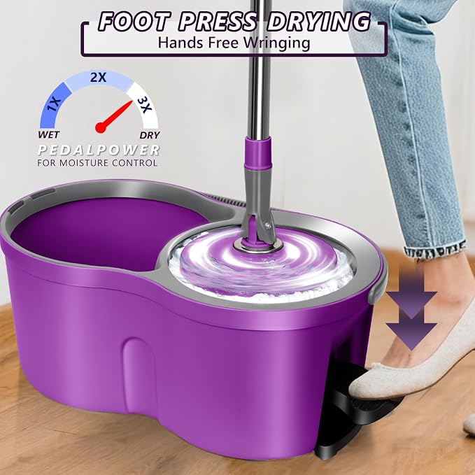 Masthome Spin Mop and Bucket with Wringer Set with 3 Reusable Pads & Heavy Duty Broom with Hard Bristles