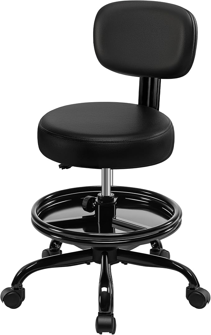 BestGlory Rolling Shop Stool with Wheels, Adjustable Height Heavy Duty Garage Stool with Storage Tray and Footrest, Garage Mechanic Stool Chair with Backrest for Workshop Kitchen Salon
