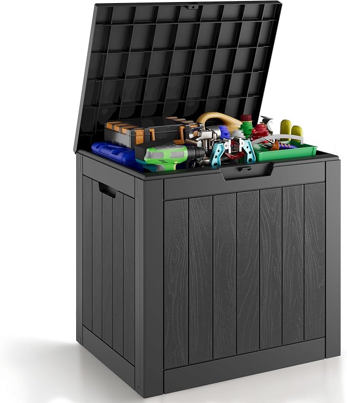 Deck Box, 32 Gallon Resin Indoor and Outdoor Storage Boxes Waterproof for Garden Tools, Pool Accessories Storage Bench, Patio Furniture and Cushions with Lockable Lid, Black