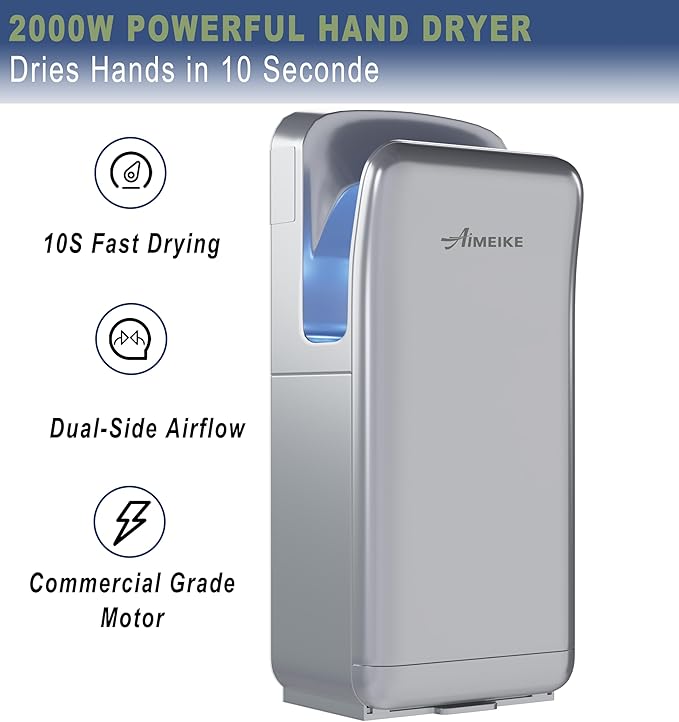 Commercial Vertical Hand Dryer, 110V High Speed, Silver | Touchless electric hand dryer for bathrooms, restrooms, offices, hotels, schools, and high-traffic public spaces.