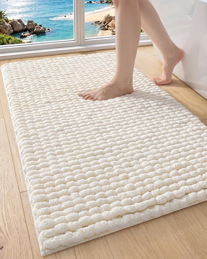 DEXI Bathroom Rugs 43x24, Non Slip Washable Bath Mat, Luxury Chenille Super Absorbent Ultra Thick Bathmats for Shower Floor, Plush Fluffy Shaggy Carpet for Tub, Cream