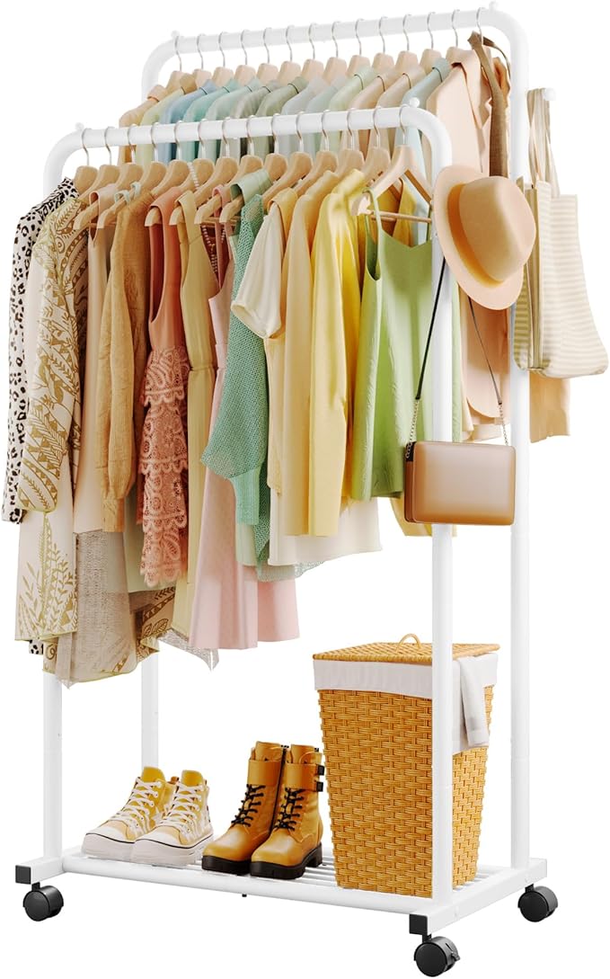 Sakugi Clothes Rack - Double Rods Clothing Rack with Mesh Shelf, Hooks & Wheels, Metal Clothing Racks for Hanging Clothes & Bags, Multifunctional Garment Rack for Laundry, White, 28.7" x 16.5" x 59.1"