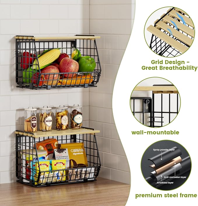 Wire Fruit Basket for Kitchen Storage: Hanging and Counter Basket for Vegetable Produce - Potato and Onion Storage for Pantry 3 Pack