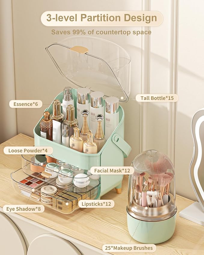 Makeup Organizer Countertop, Skincare Holder Bathroom Counter Organizer, Storage Box Cosmetic Display Cases, Teen Girl Gifts Make up Organizers (Green/Brush)