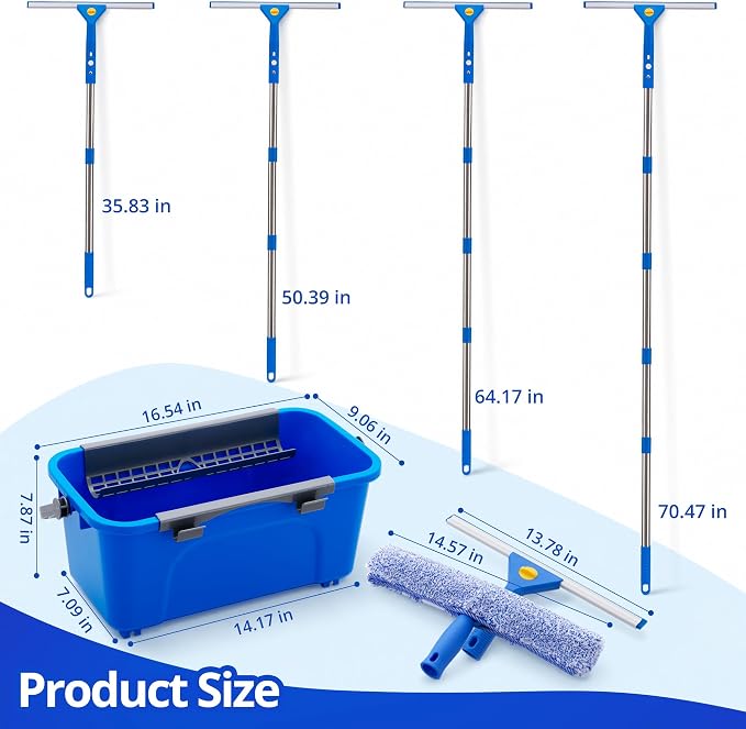 Professional Window Cleaning Kit with Bucket and Extension Pole, 7-in-1 Window Washing Kit with Squeegee, Washer, 8 Cleaning Sponges & 2 Glass Cloths, Exterior Window Cleaning Kit for High Windows