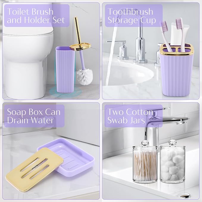 17PCS Bathroom Accessories Set, Purple Bathroom Set Bathroom Accessories Set with Trash Can, Toilet Brush, Toothbrush Holder, Qtip Holder & 3PCS Soap Dispenser