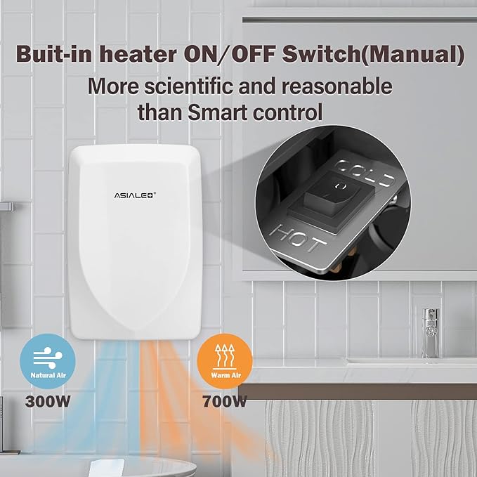 Hand Dryer for Bathroom Commerical, ADA Compliant Thin Automatic Electric Plug in Hand Dryers,Optional Energy -Saving 700W,High Speed,White ABS Cover,Wall Mounted