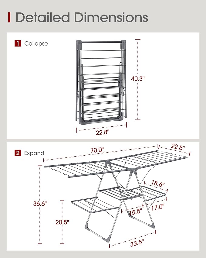 Sakugi Clothes Drying Rack, Foldable 2-Level Laundry Drying Rack with Height-Adjustable Wings, for Clothing & Bedding, Free-Standing Space-Saving Rack, Indoor & Outdoor, 70" L × 22.8" W, Gray