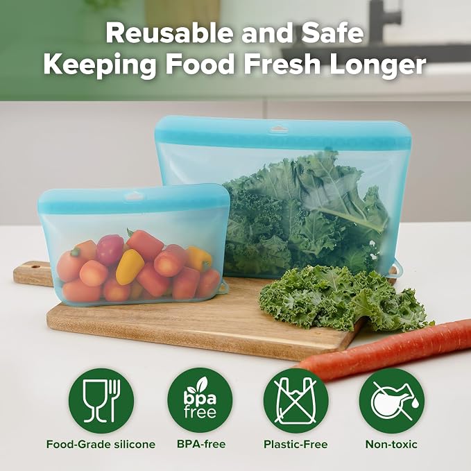Haakaa Dot Seal Reusable Silicone Food Storage Bags, 2 Pack- Silicone Leakproof Freezer & Sandwich Snack Bags, BPA Free Food Containers, Microwave & Dishwasher Safe, Turquoise (50oz+16oz）